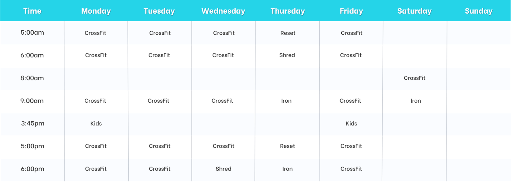 Fitness class schedule at Ausletics gym in Brea, CA